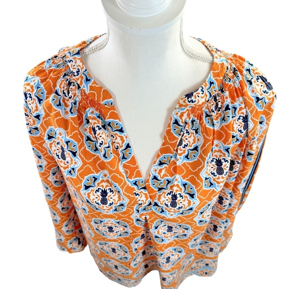 Crown & Ivy Womens SZ 1X Long Sleeve Orange Blue Pineapple Patterned Top Blouse - Picture 2 of 7